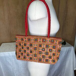 New Embroidered Mirrored Fabric Bag Handcrafted in India, Brown, Blue, Pink